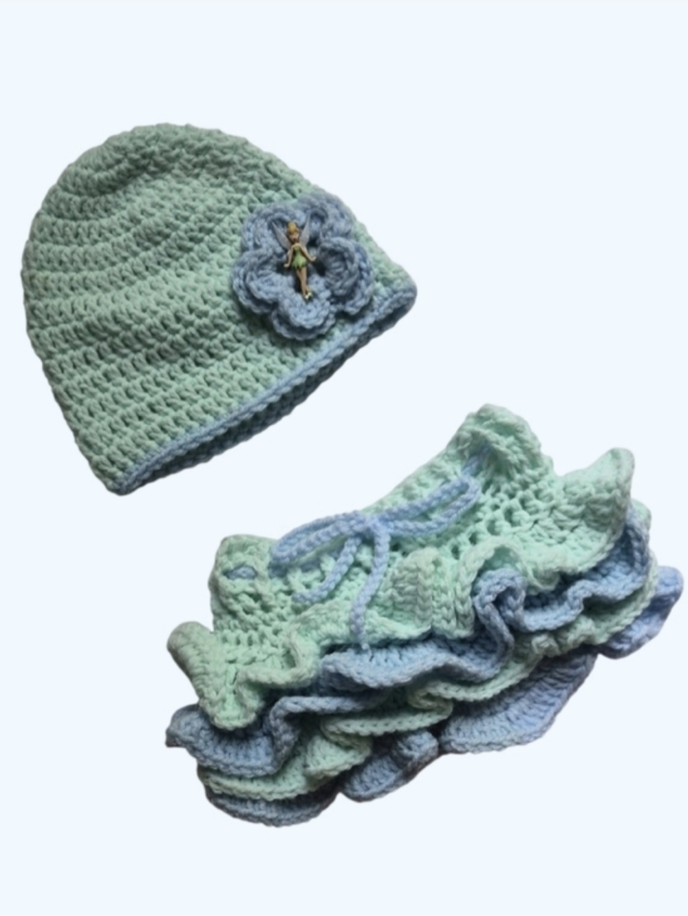Handmade Crocheted Tinker Bell Skirt And Beanie Set-Photo Prop-Size 0-3M - Picture 8 of 8